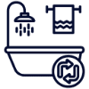Bathtub with shower, towel, and refresh icon.