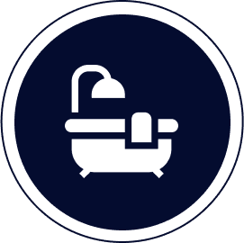 Bathtub icon with shower and towel.