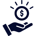 Hand holding a dollar coin icon.