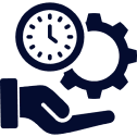 Hand holding clock and gear icon.
